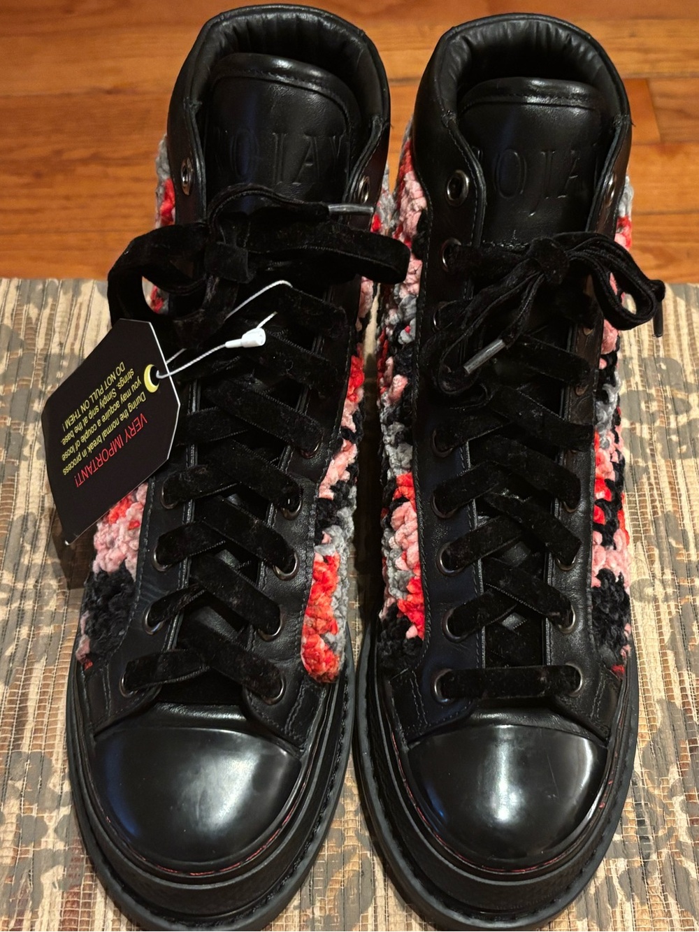 Women’s Lace-Up High-Top Boots in Black with Pink & Red Knit Accents